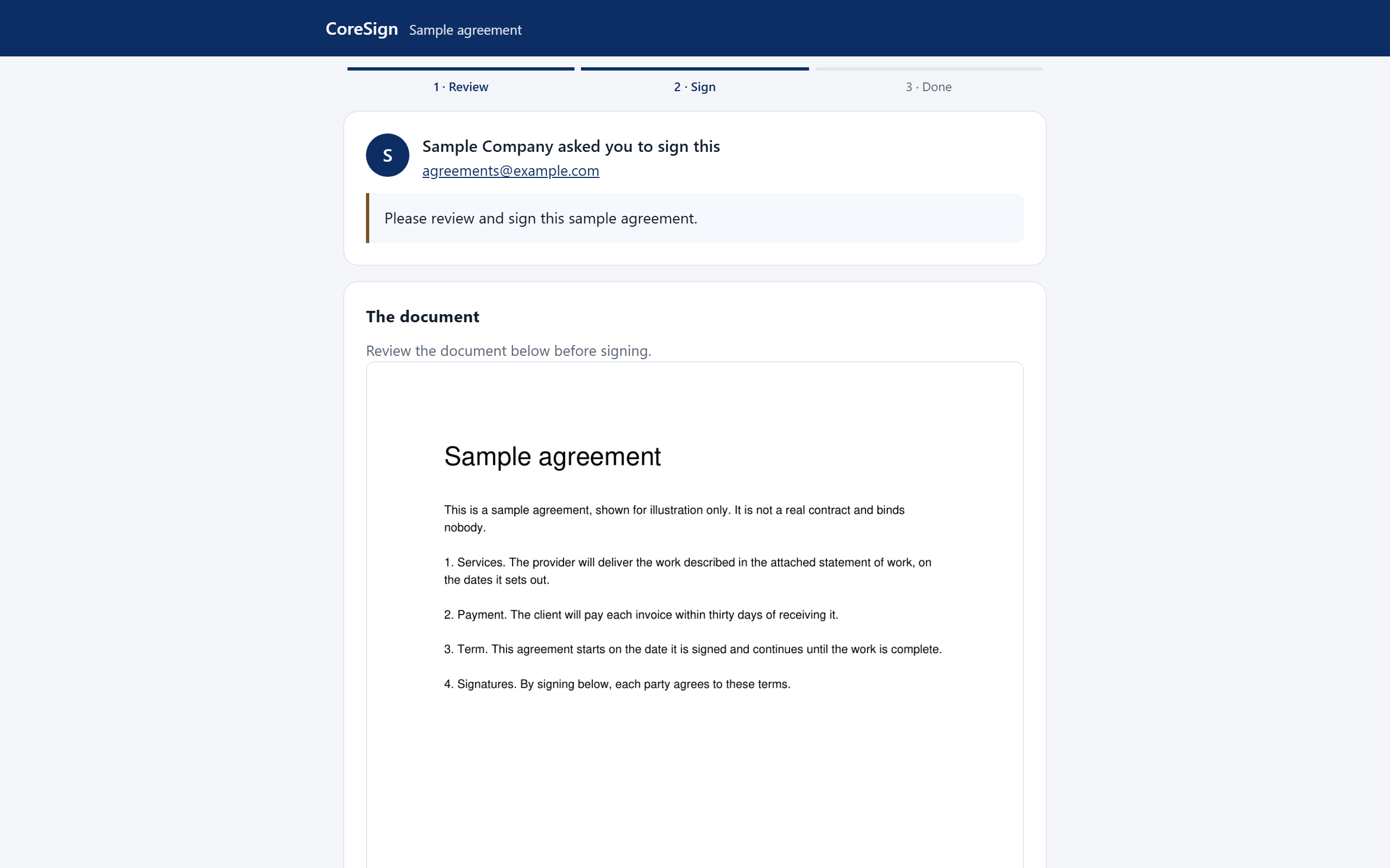 The CoreSign signing page, showing a sample agreement from Sample Company, ready to review